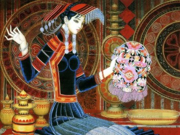 Niña Wang Cunde cose ropa tradicional china Pinturas al óleo